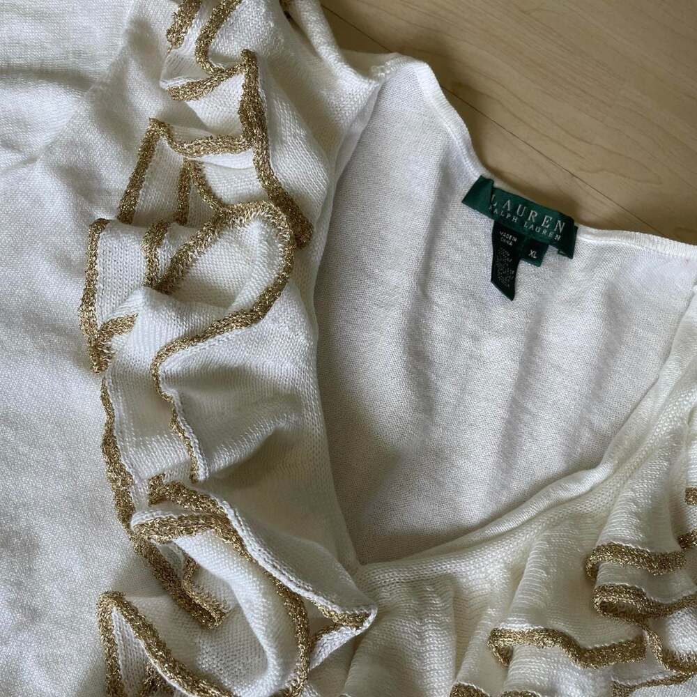 Lauren Ralph Lauren Gold Trim Ruffle Knit Top